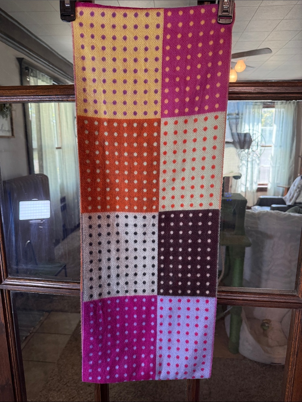 Colorblock Polka Dot Knit Infinity Scarf in Pink, Orange, Purple and Brown